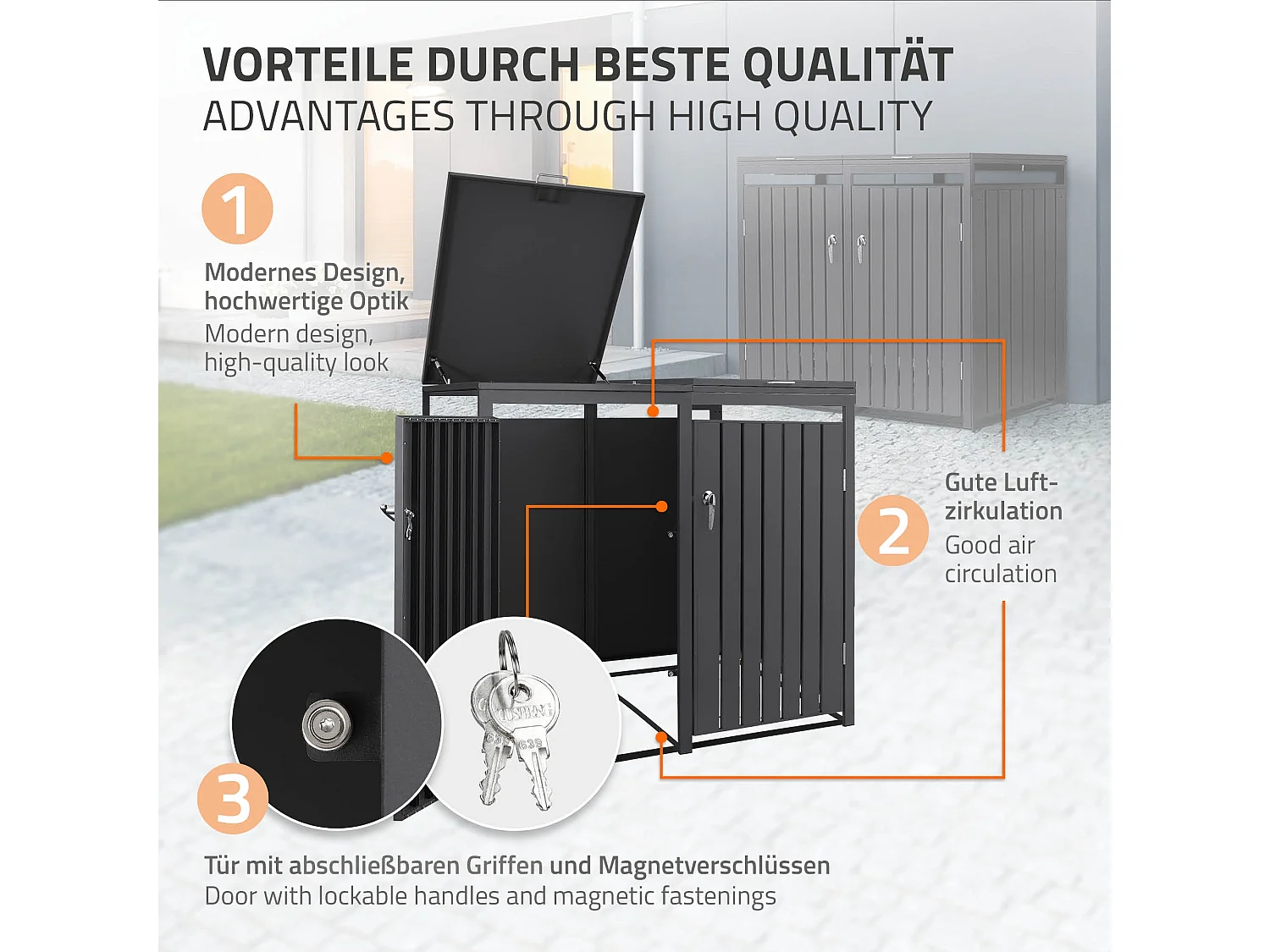 ML-Design Copribidoni per 2 bidoni da spazzatura 240L 132x80x120 cm antracite acciaio coperchio 2 porte richiudibile contenitore doppio per rifiuti