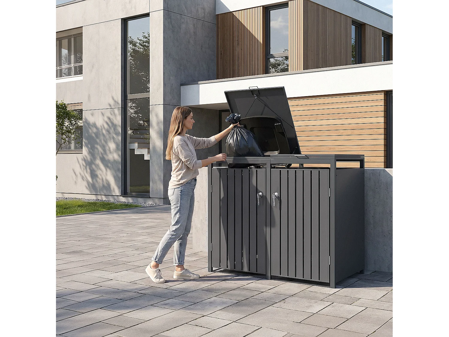 ML-Design Copribidoni per 2 bidoni da spazzatura 240L 132x80x120 cm antracite acciaio coperchio 2 porte richiudibile contenitore doppio per rifiuti
