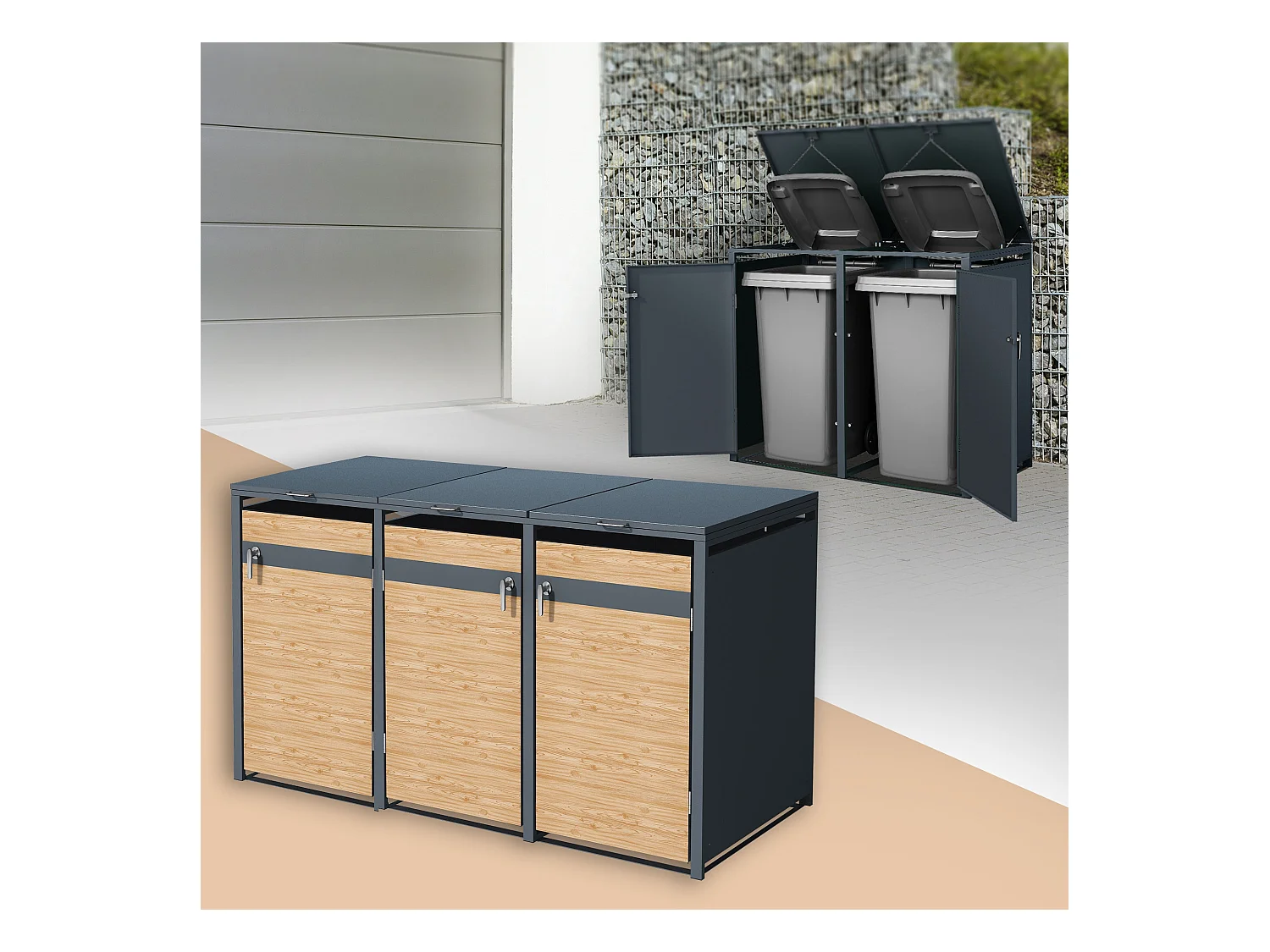 ML-Design Cobertizo de exterior para 3 cubos de basura de 240L 200x80x116,3cm antracita acero acabado alerce cubre contenedor con tapa y puerta abatib