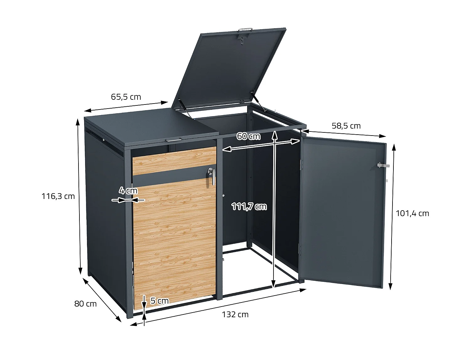 Abri pour 3 poubelles 200x80x116,3 cm capacité de 60L à 240L anthracite/aspect mélèze acier couvercle rabattable/3 portes résistant aux intempéries