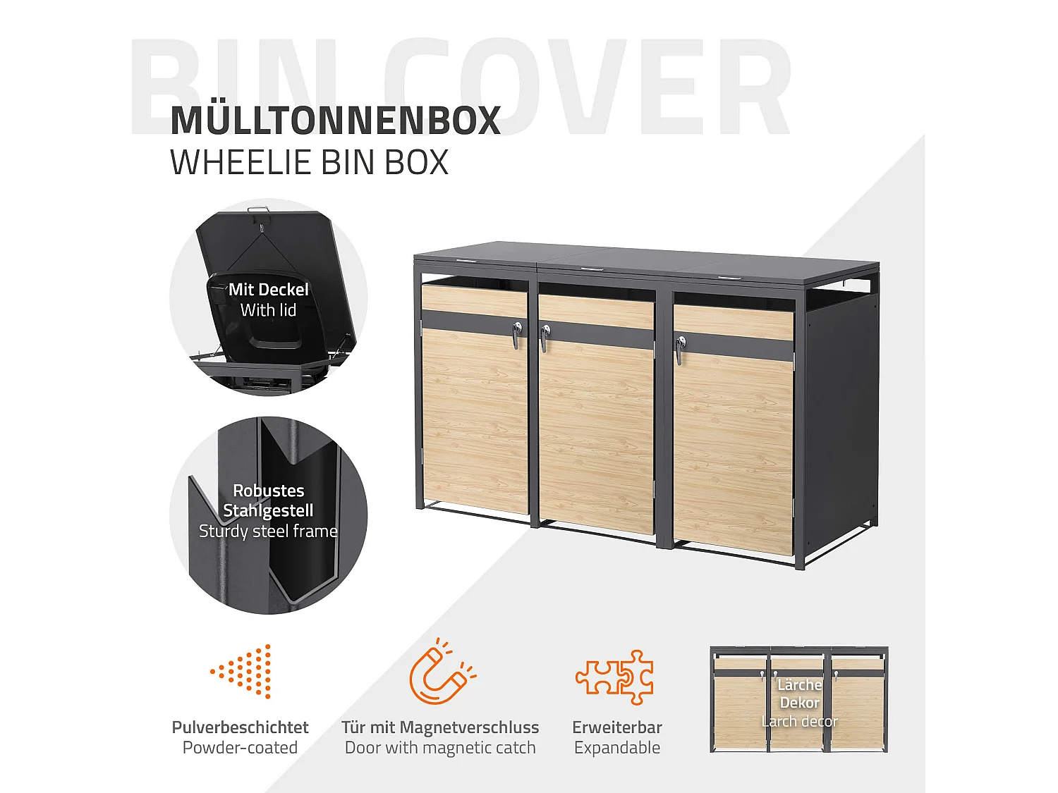 Abri pour 3 poubelles 200x80x120 cm capacité de 60L à 240L anthracite/aspect mélèze acier couvercle rabattable/3 portes résistant aux intempéries