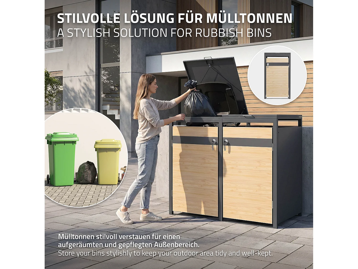Abri pour 3 poubelles 200x80x120 cm capacité de 60L à 240L anthracite/aspect mélèze acier couvercle rabattable/3 portes résistant aux intempéries