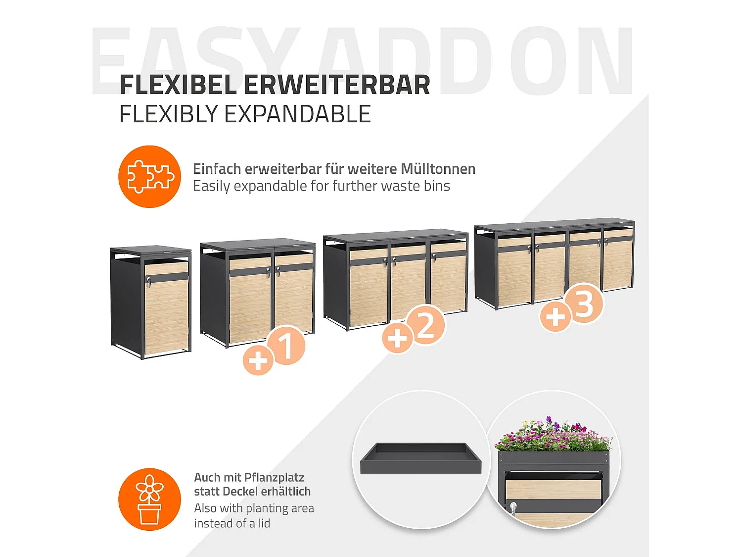 Abri pour 3 poubelles 200x80x120 cm capacité de 60L à 240L anthracite/aspect mélèze acier couvercle rabattable/3 portes résistant aux intempéries