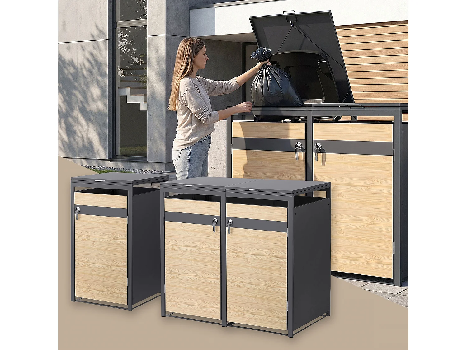 Abri pour 3 poubelles 200x80x120 cm capacité de 60L à 240L anthracite/aspect mélèze acier couvercle rabattable/3 portes résistant aux intempéries