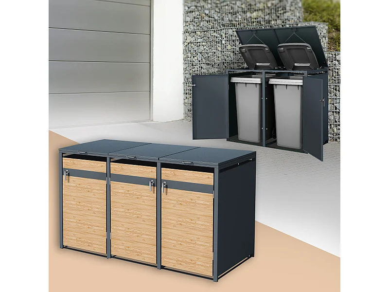 Abri pour 3 poubelles 200x80x116,3 cm capacité de 60L à 240L anthracite/aspect mélèze acier couvercle rabattable/3 portes résistant aux intempéries
