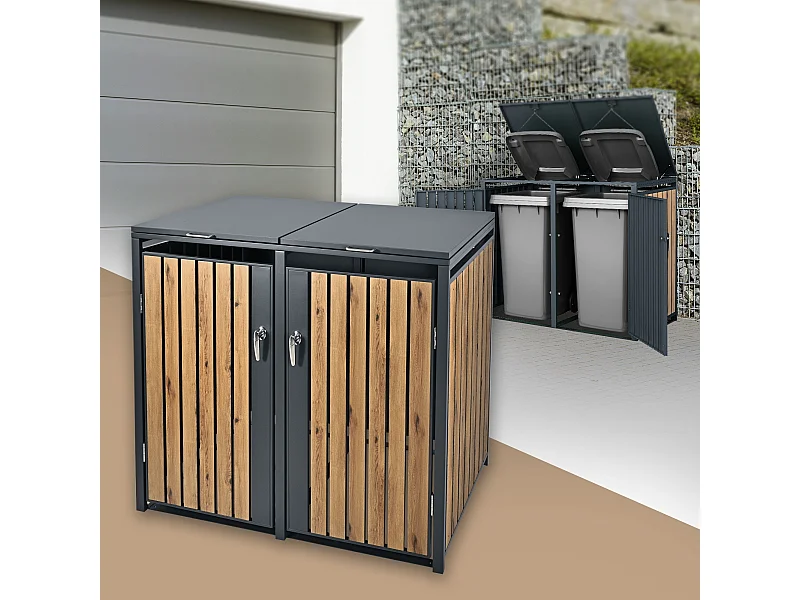 Abri pour 2 poubelles 132x80x116,3 cm capacité de 60L à 240L anthracite/aspect chêne acier couvercle rabattable/2 portes résistant aux intempéries