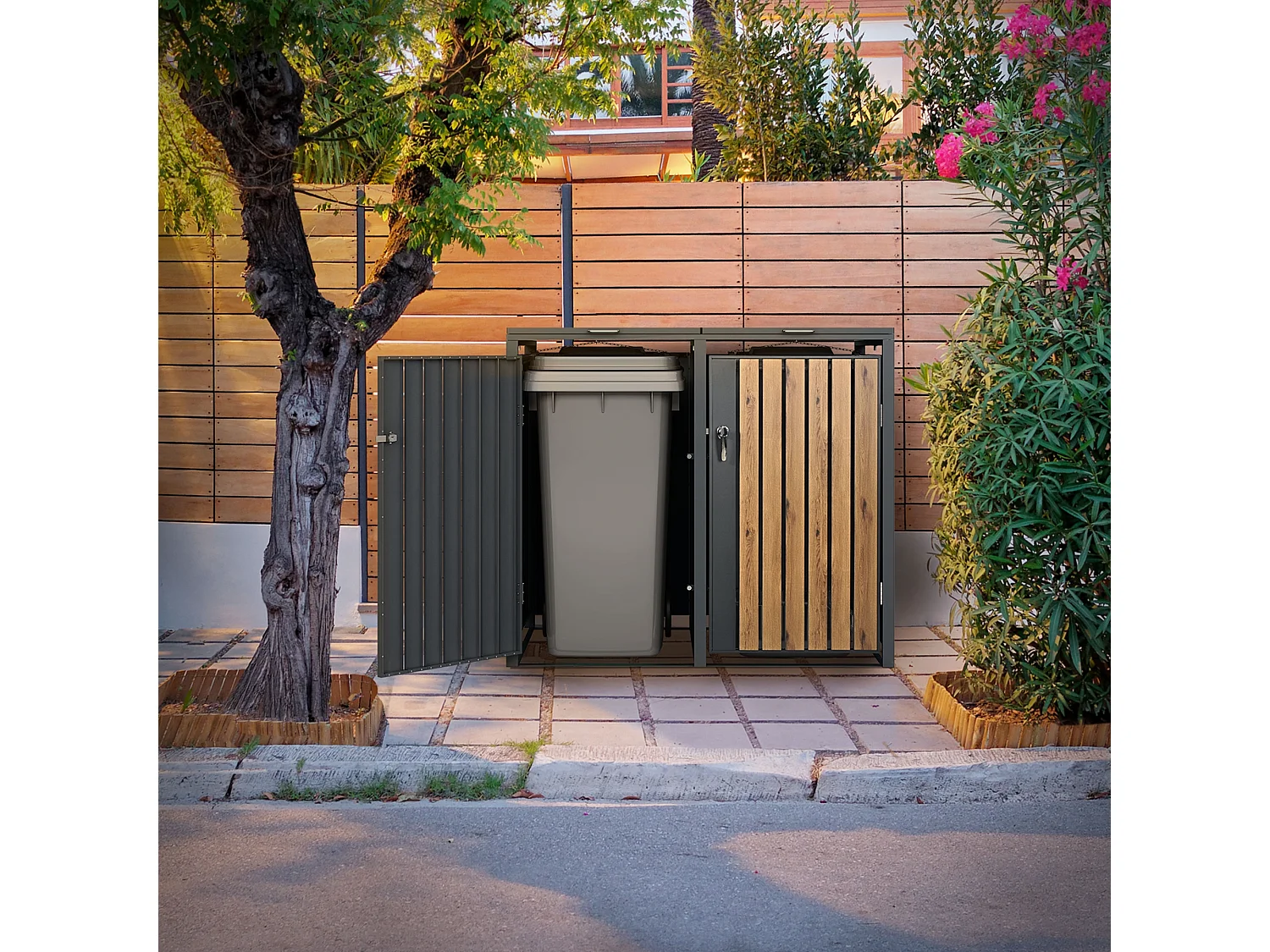 Abri pour 2 poubelles 132x80x116,3 cm capacité de 60L à 240L anthracite/aspect chêne acier couvercle rabattable/2 portes résistant aux intempéries