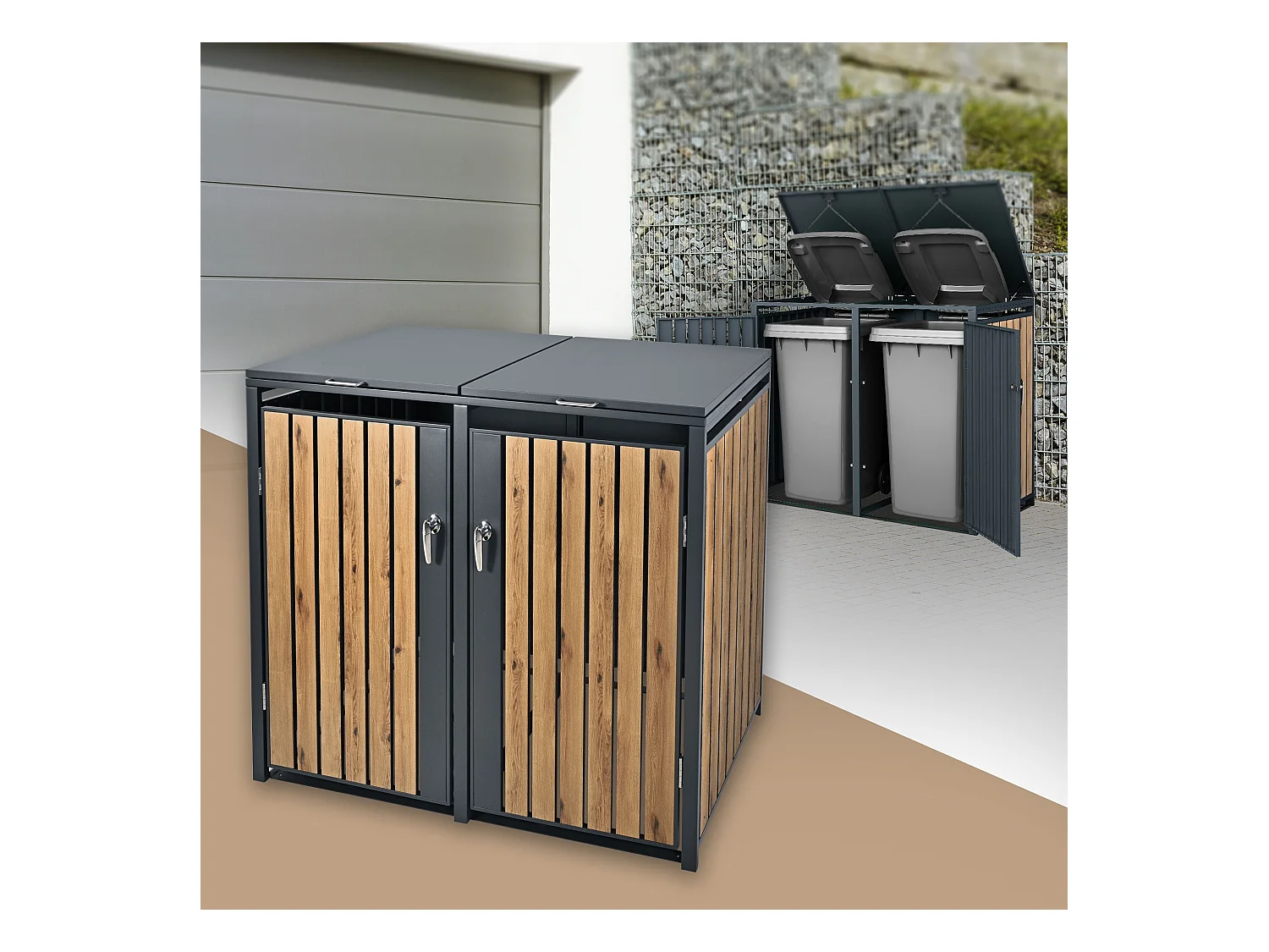 Abri pour 2 poubelles 132x80x116,3 cm capacité de 60L à 240L anthracite/aspect chêne acier couvercle rabattable/2 portes résistant aux intempéries