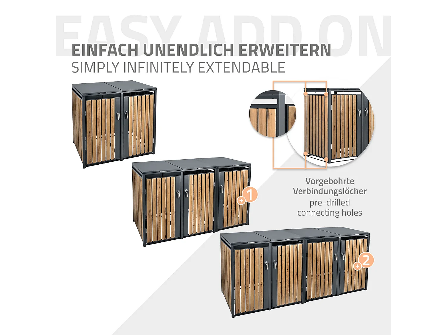 Abri pour 2 poubelles 132x80x116,3 cm capacité de 60L à 240L anthracite/aspect chêne acier couvercle rabattable/2 portes résistant aux intempéries