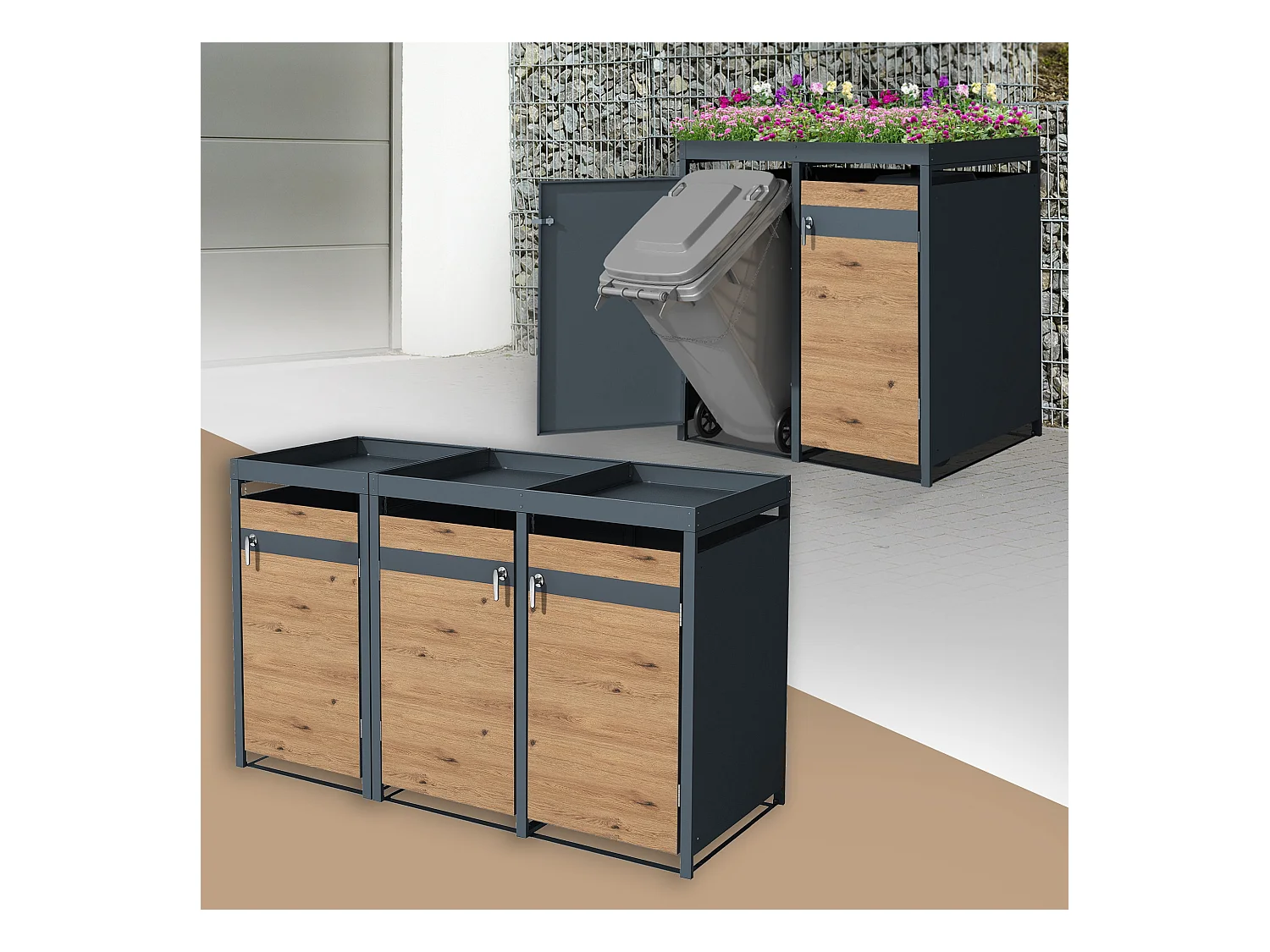 Abri pour 3 poubelles 200x80x124 cm capacité de 60L à 240L anthracite/aspect chêne en acier avec toit pour plantes/3 portes résistant aux intempéries