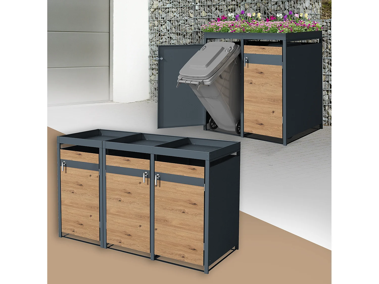 ML-Design Cobertizo de exterior para 3 cubos de basura de 240L 200x80x124cm acero aspecto roble antracita cubre contenedor con tapa y puerta abatible