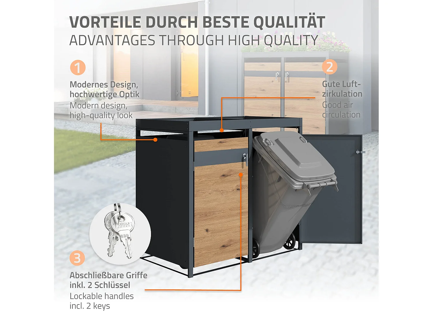 ML-Design Cobertizo de exterior para 3 cubos de basura de 240L 200x80x124cm acero aspecto roble antracita cubre contenedor con tapa y puerta abatible