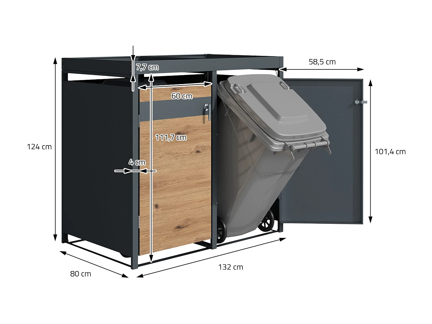 ML-Design Cobertizo de exterior para 3 cubos de basura de 240L 200x80x124cm acero aspecto roble antracita cubre contenedor con tapa y puerta abatible