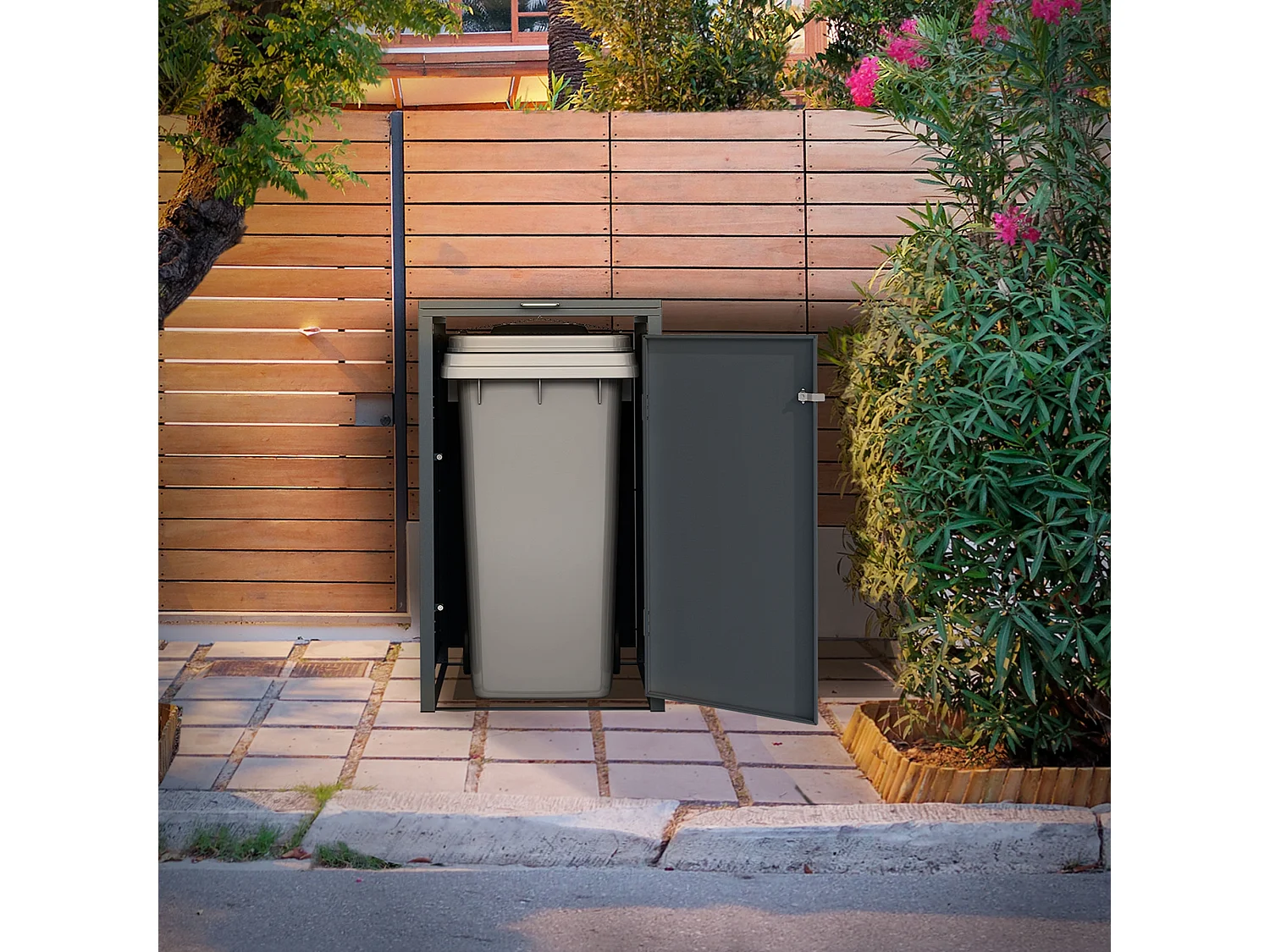 Abri pour 1 poubelle 68x80x116,3 cm capacité de 60 à 240 litres anthracite en acier avec couvercle rabattable et 1 porte résistant aux intempéries