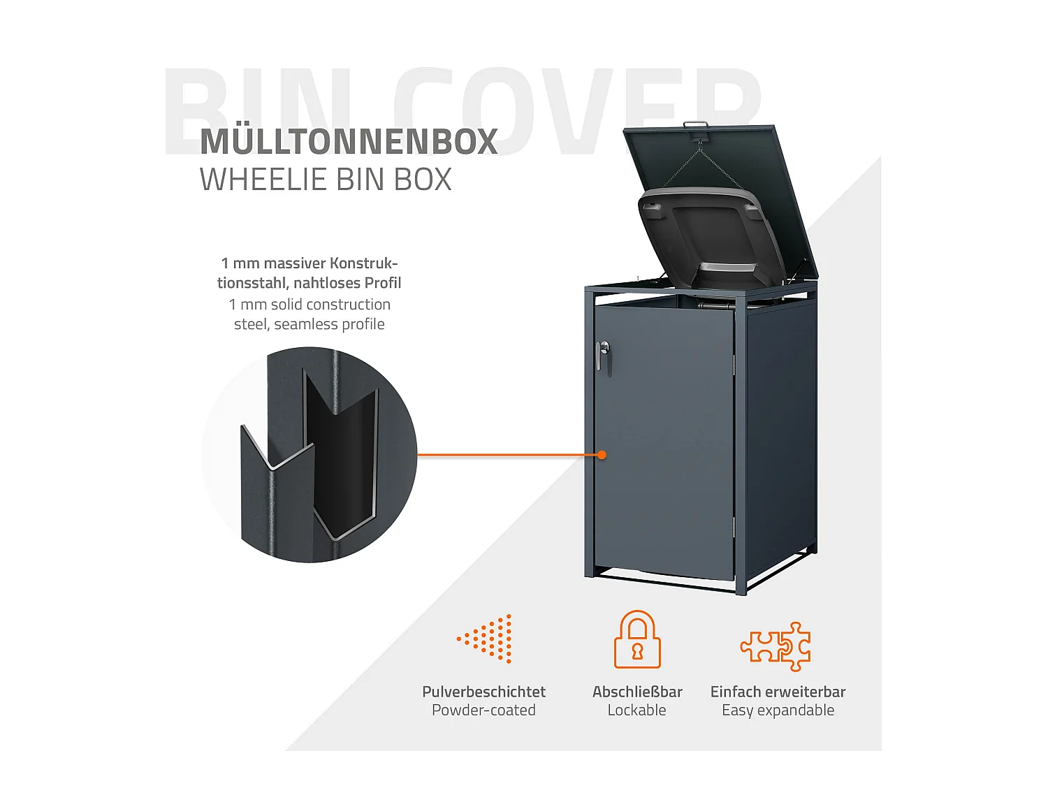 Abri pour 1 poubelle 68x80x116,3 cm capacité de 60 à 240 litres anthracite en acier avec couvercle rabattable et 1 porte résistant aux intempéries