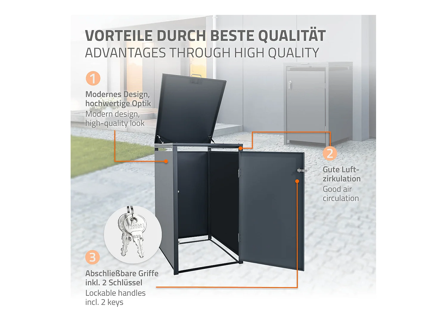 Abri pour 1 poubelle 68x80x116,3 cm capacité de 60 à 240 litres anthracite en acier avec couvercle rabattable et 1 porte résistant aux intempéries