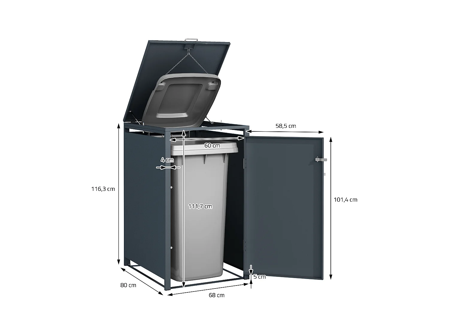 Abri pour 1 poubelle 68x80x116,3 cm capacité de 60 à 240 litres anthracite en acier avec couvercle rabattable et 1 porte résistant aux intempéries