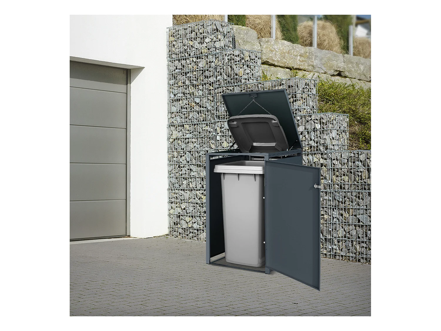 Abri pour 1 poubelle 68x80x116,3 cm capacité de 60 à 240 litres anthracite en acier avec couvercle rabattable et 1 porte résistant aux intempéries