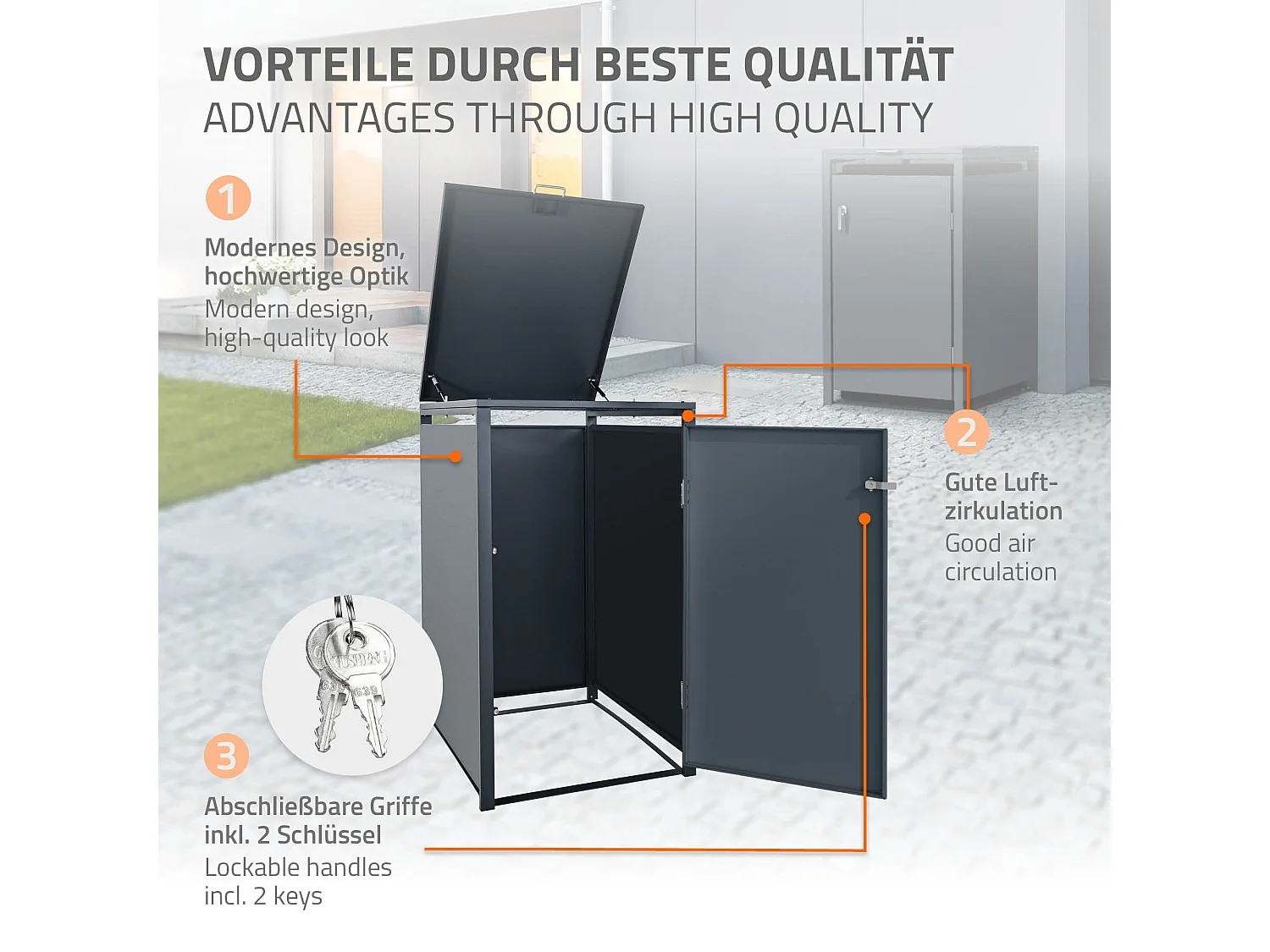 Abri pour 1 poubelle 68x80x116,3 cm capacité de 60 à 240 litres anthracite en acier avec couvercle rabattable et 1 porte résistant aux intempéries