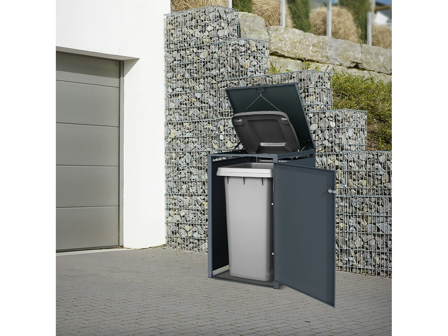 Abri pour 1 poubelle 68x80x116,3 cm capacité de 60 à 240 litres anthracite en acier avec couvercle rabattable et 1 porte résistant aux intempéries