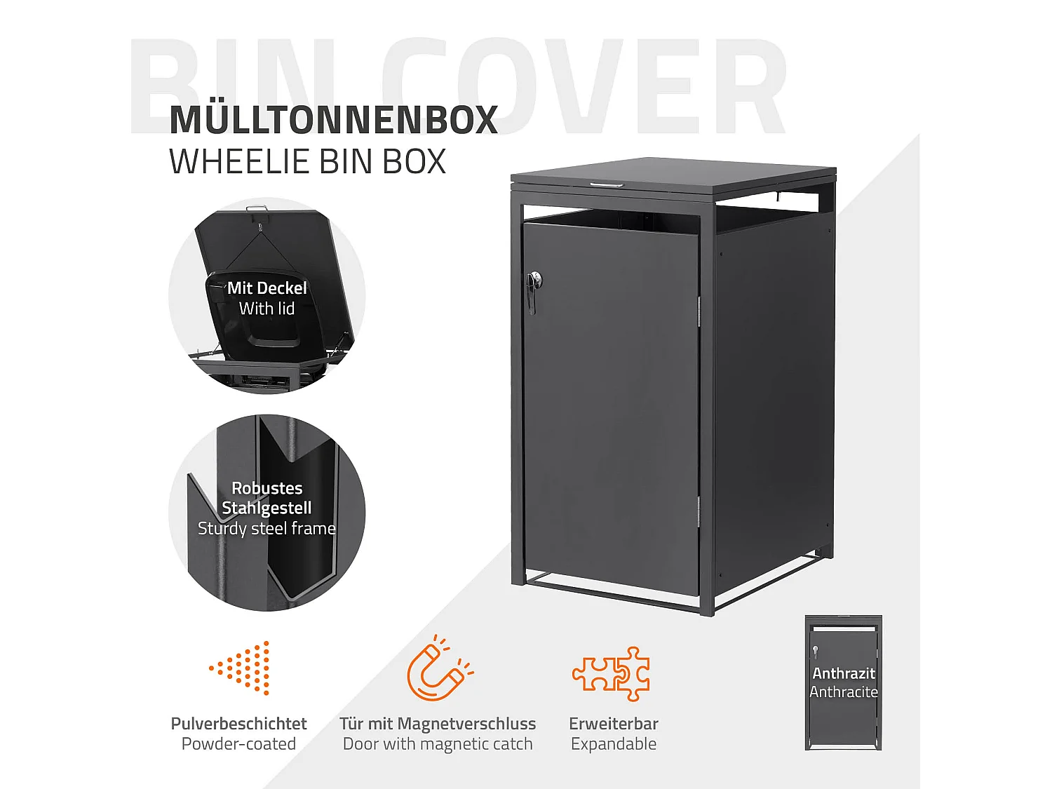 ML-Design Cobertizo de exterior para 1 cubo de basura de 68 x 80 x 120 cm antracita caseta de acero cubre contenedor con tapa, puerta y cerradura