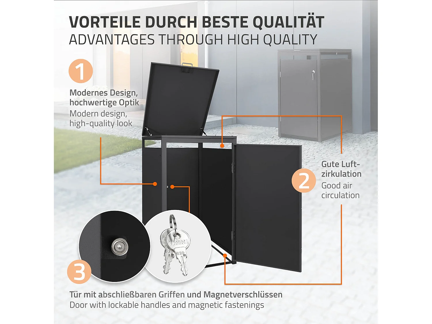 ML-Design Cobertizo de exterior para 1 cubo de basura de 68 x 80 x 120 cm antracita caseta de acero cubre contenedor con tapa, puerta y cerradura