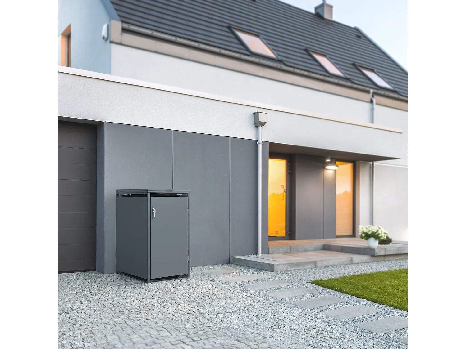 ML-Design Cobertizo de exterior para 1 cubo de basura de 68 x 80 x 120 cm antracita caseta de acero cubre contenedor con tapa, puerta y cerradura