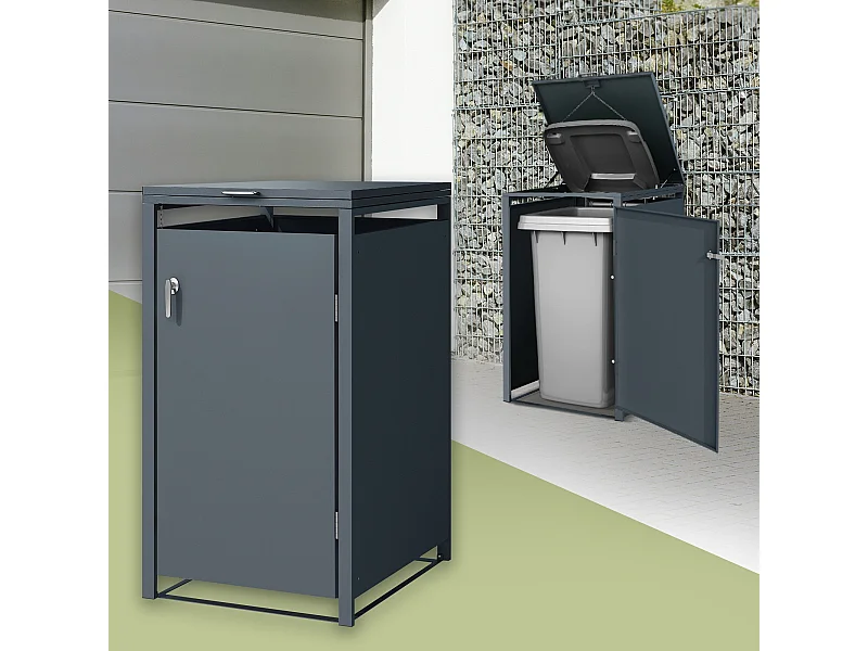 Abri pour 1 poubelle 68x80x116,3 cm capacité de 60 à 240 litres anthracite en acier avec couvercle rabattable et 1 porte résistant aux intempéries