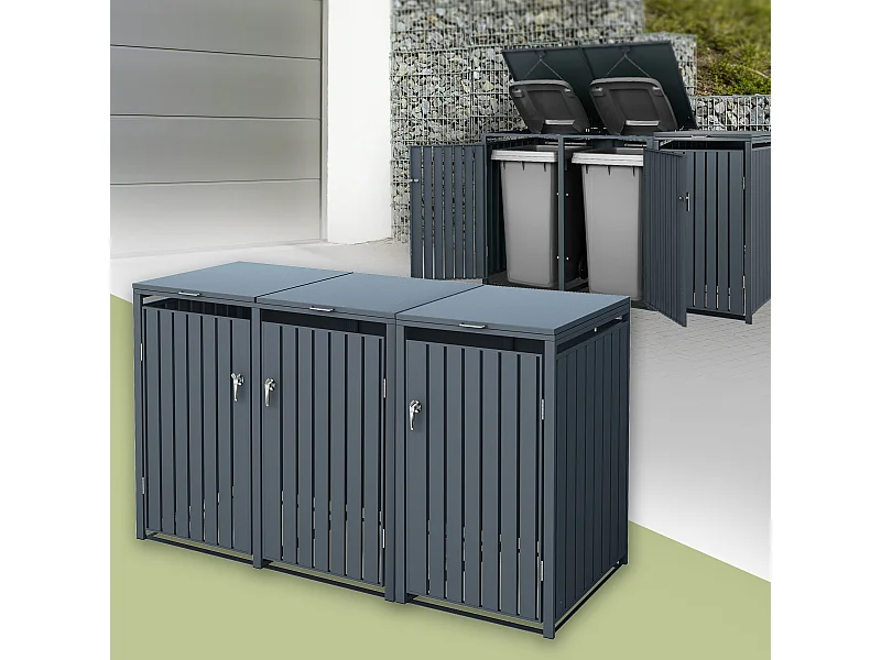 ML-Design Copribidoni per 3 bidoni da spazzatura 240L 200x80x116,3 cm antracite acciaio resistente alle intemperie richiudibile contenitore coperchio