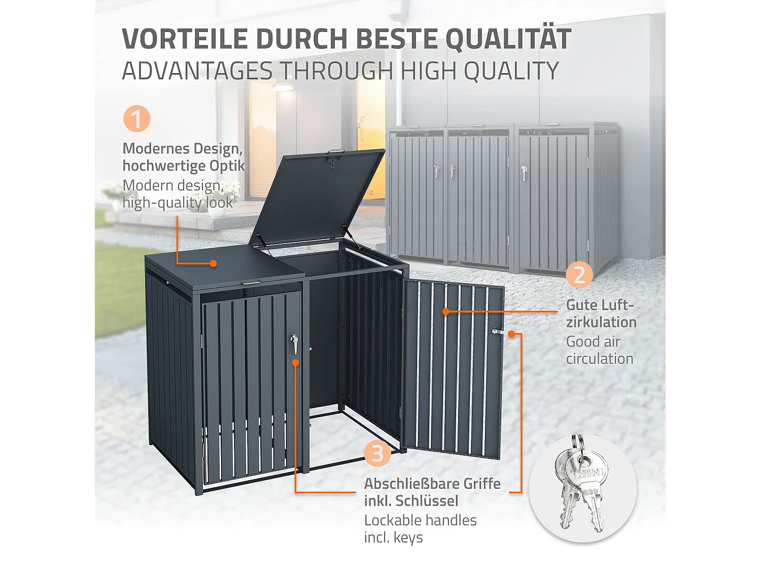 Abri pour 3 poubelles 200x80x116,3 cm 60 à 240 litres par compartiment anthracite acier couvercle rabattable et 3 portes résistant aux intempéries