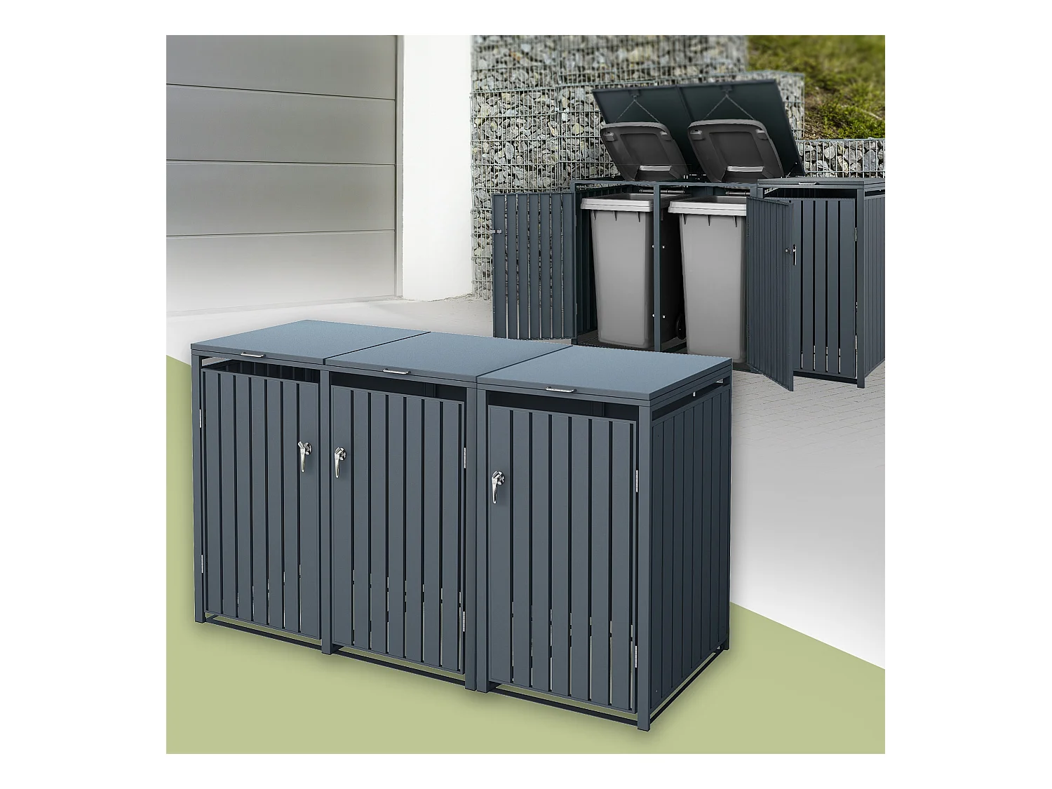 ML-Design Cobertizo de exterior para 3 cubos de basura de 200x80x116,3cm antracita cubre contenedor con valla maciza separadora pantalla de privacidad