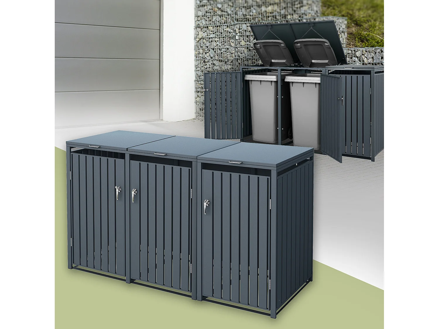 Abri pour 3 poubelles 200x80x116,3 cm 60 à 240 litres par compartiment anthracite acier couvercle rabattable et 3 portes résistant aux intempéries