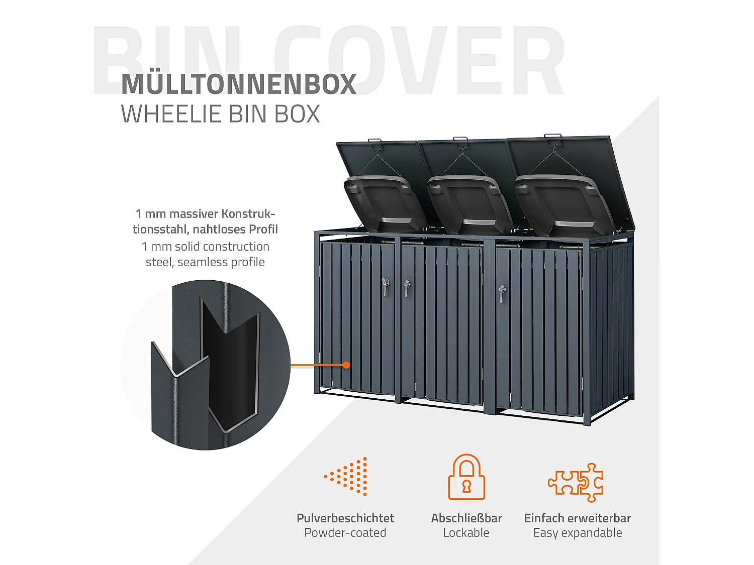 Abri pour 3 poubelles 200x80x116,3 cm 60 à 240 litres par compartiment anthracite acier couvercle rabattable et 3 portes résistant aux intempéries