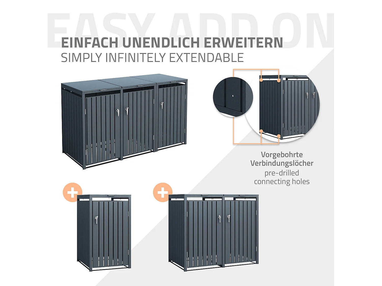 Abri pour 3 poubelles 200x80x116,3 cm 60 à 240 litres par compartiment anthracite acier couvercle rabattable et 3 portes résistant aux intempéries