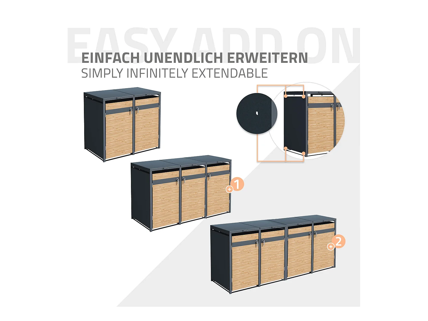 Abri pour 4 poubelles 264x80x116,3 cm capacité de 60L à 240L anthracite/aspect mélèze acier couvercle rabattable/4 portes résistant aux intempéries