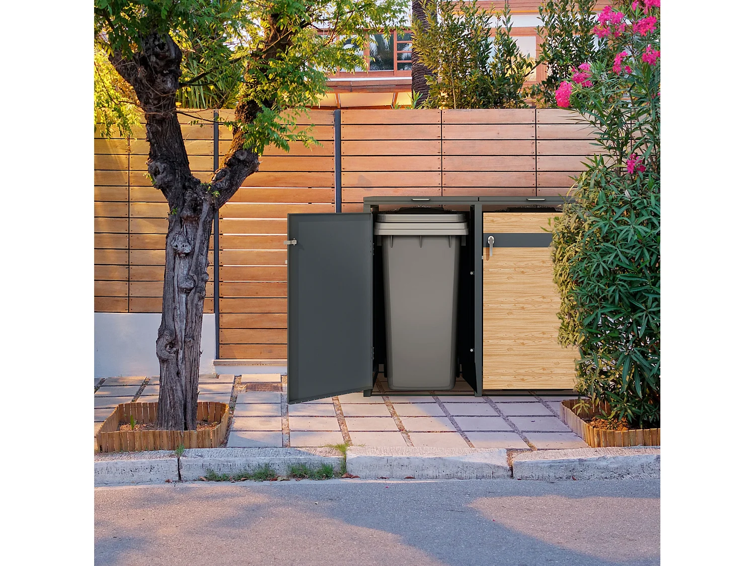 Abri pour 4 poubelles 264x80x116,3 cm capacité de 60L à 240L anthracite/aspect mélèze acier couvercle rabattable/4 portes résistant aux intempéries