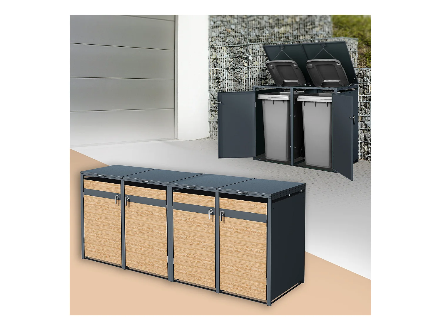 ML-Design Cobertizo de exterior para 4 cubos de basura de 240L 132x80x116,3cm antracita acero acabado alerce cubre contenedor con tapa y puerta abatib