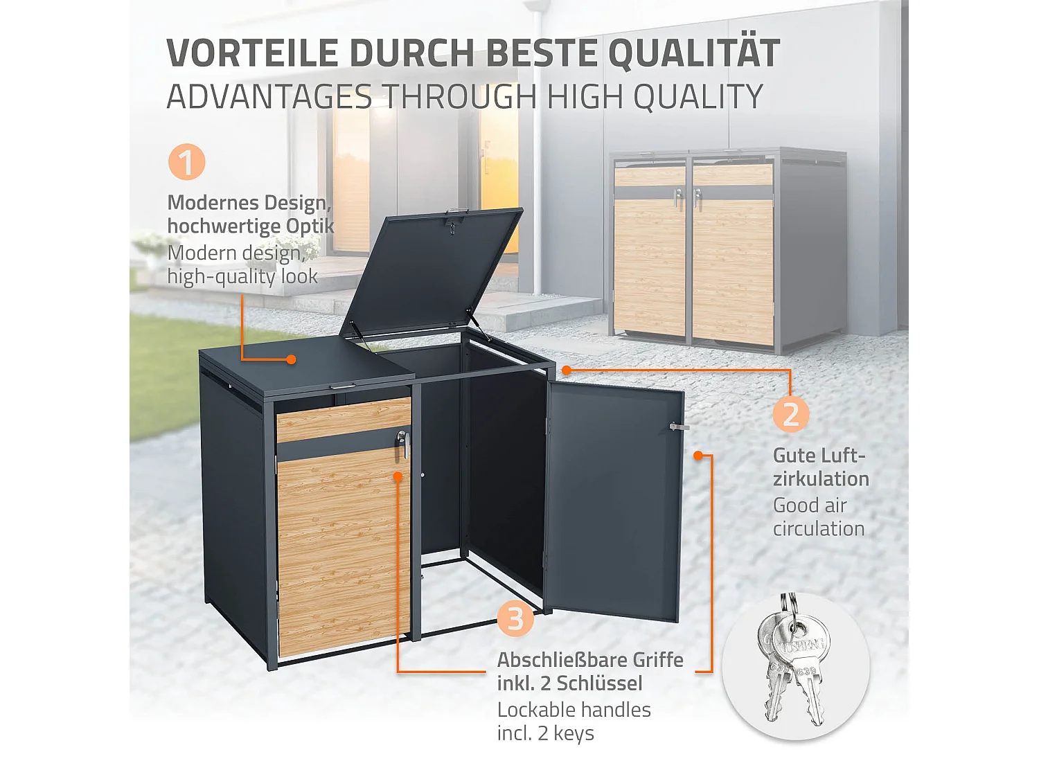Abri pour 4 poubelles 264x80x116,3 cm capacité de 60L à 240L anthracite/aspect mélèze acier couvercle rabattable/4 portes résistant aux intempéries