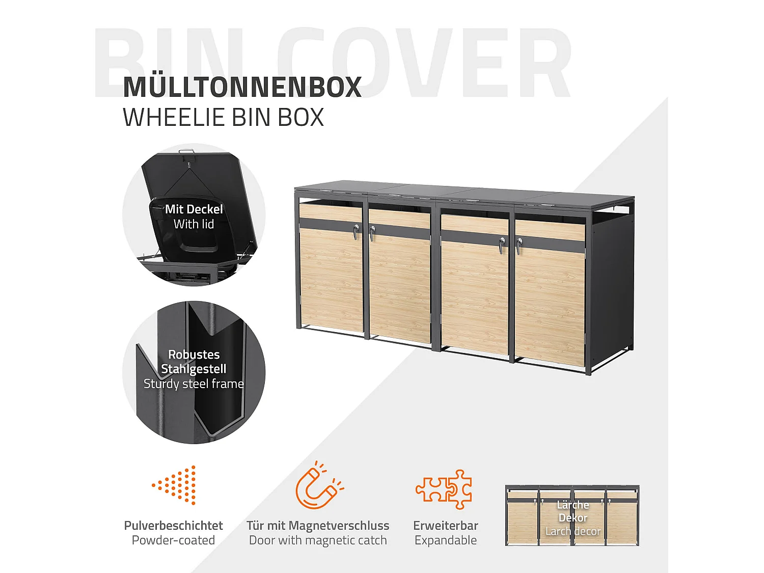 Abri pour 4 poubelles 264x80x120 cm capacité de 60L à 240L anthracite/aspect mélèze acier couvercle rabattable/4 portes résistant aux intempéries