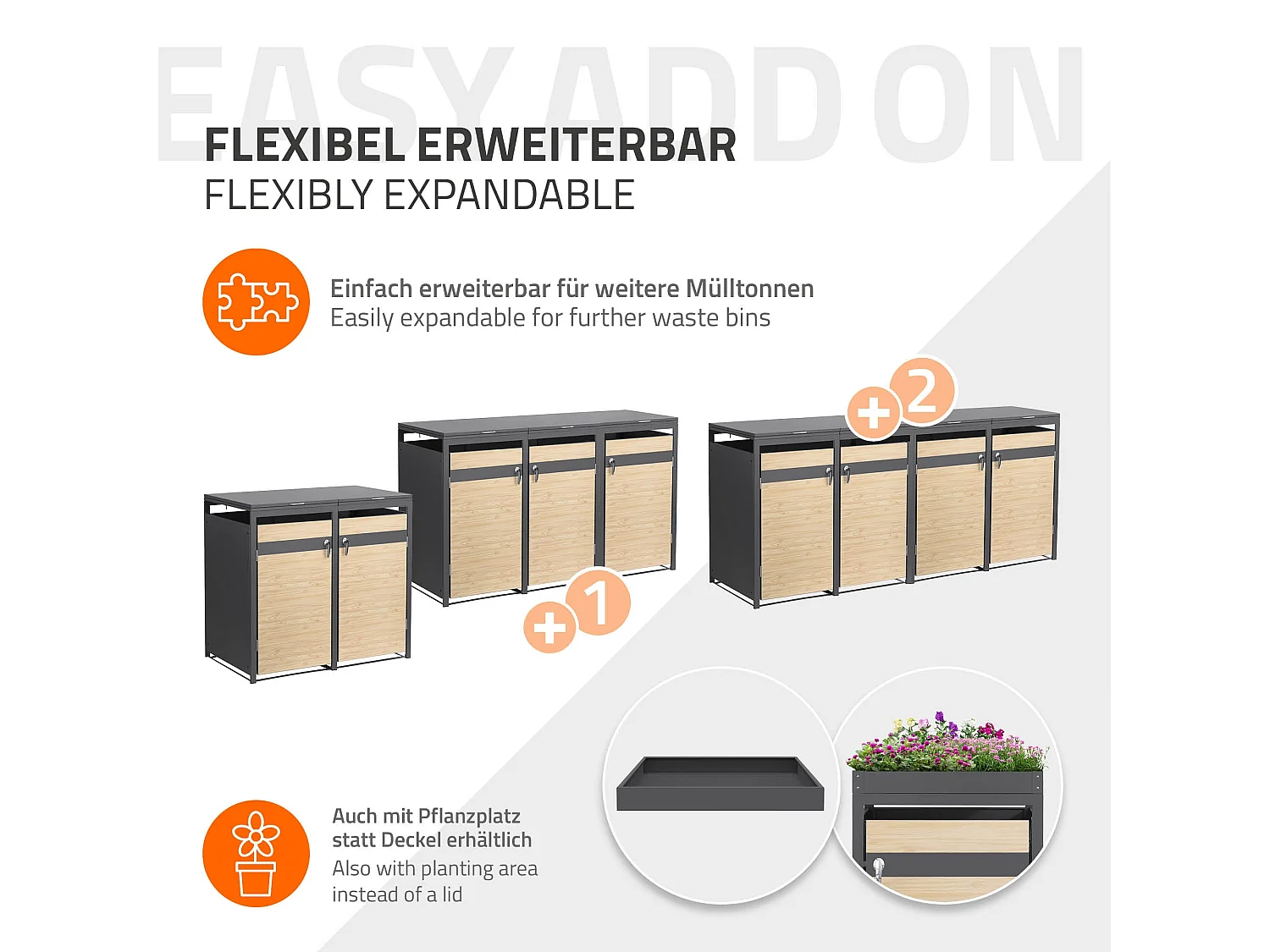 Abri pour 4 poubelles 264x80x120 cm capacité de 60L à 240L anthracite/aspect mélèze acier couvercle rabattable/4 portes résistant aux intempéries
