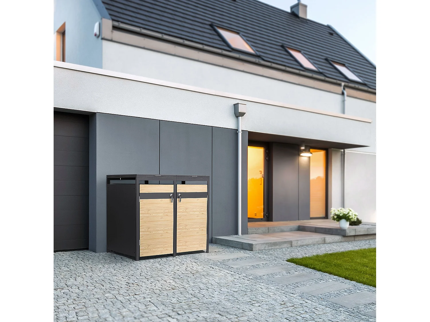 Abri pour 4 poubelles 264x80x120 cm capacité de 60L à 240L anthracite/aspect mélèze acier couvercle rabattable/4 portes résistant aux intempéries