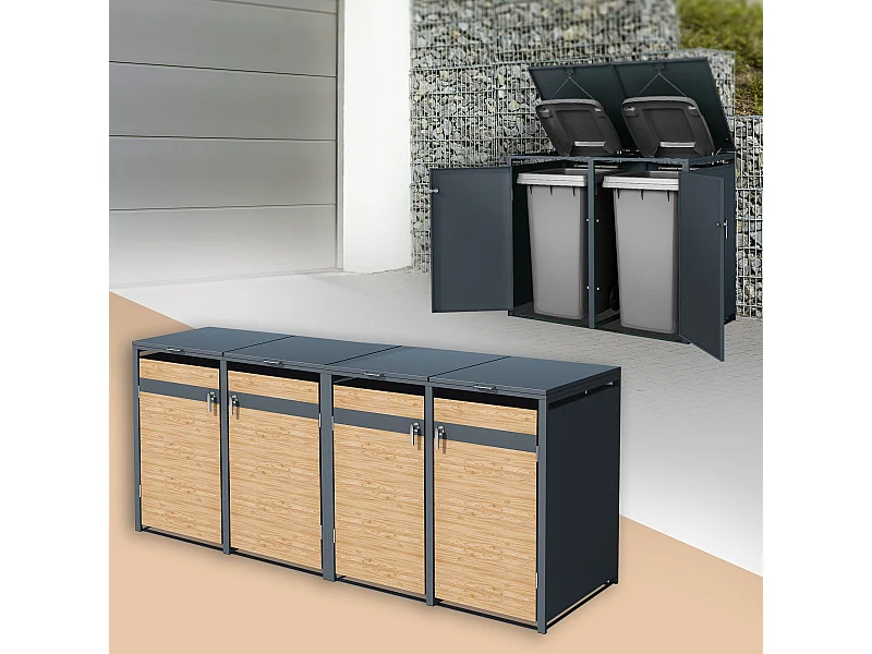 Abri pour 4 poubelles 264x80x116,3 cm capacité de 60L à 240L anthracite/aspect mélèze acier couvercle rabattable/4 portes résistant aux intempéries