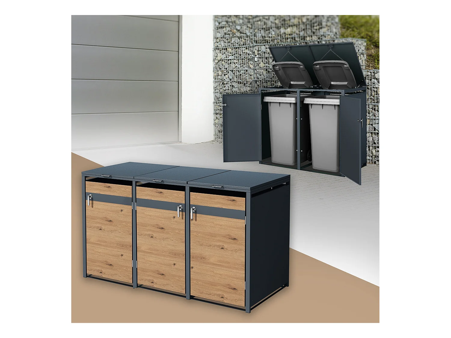 ML-Design Cobertizo de exterior para 3 cubos de basura de 240L 200x80x116,3cm acero antracita aspecto roble cubre contenedor con tapa y  puerta abatib