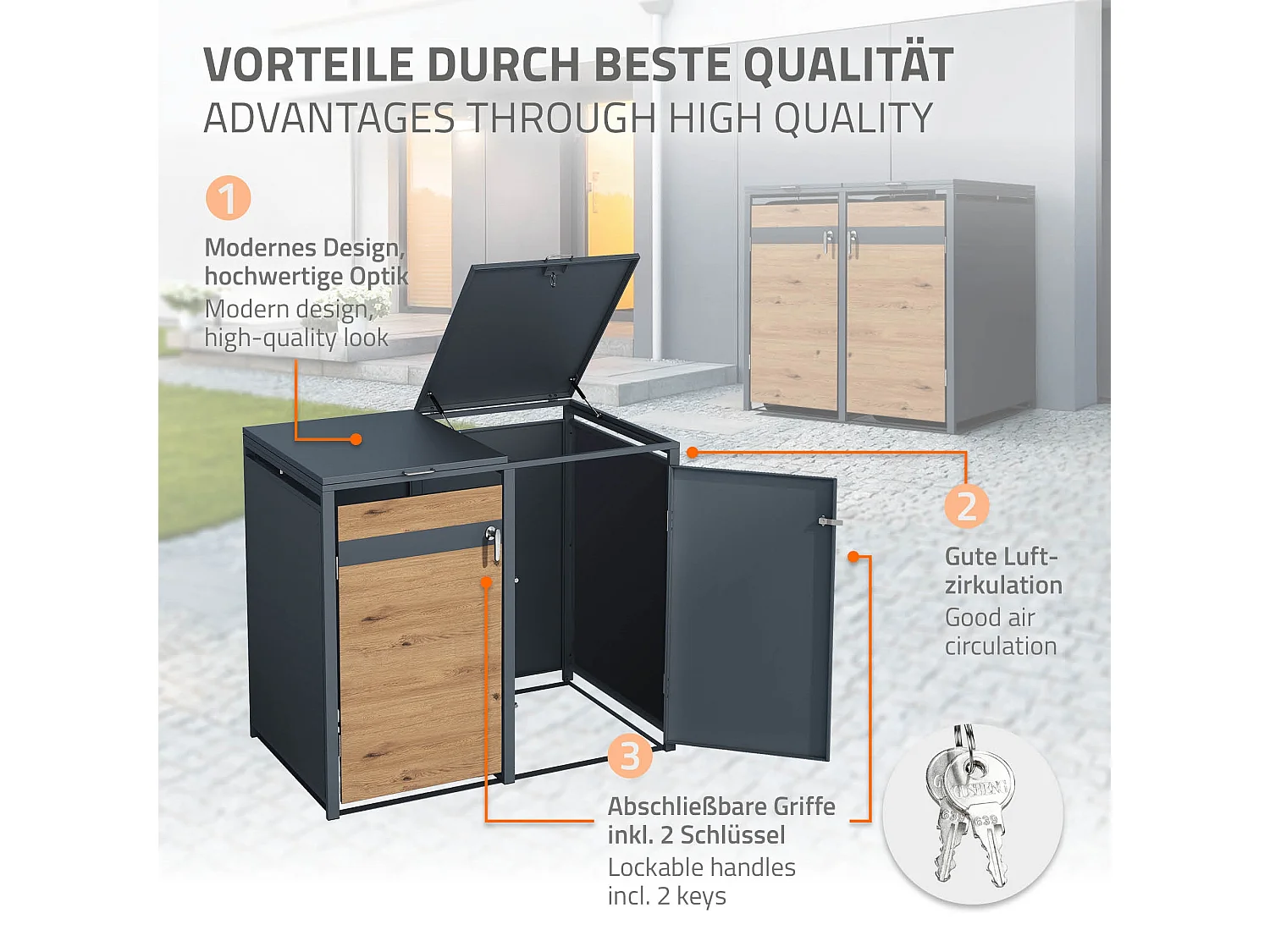 Abri pour 3 poubelles 200x80x116,3 cm capacité de 60L à 240L anthracite/aspect chêne acier couvercle rabattable/3 portes résistant aux intempéries