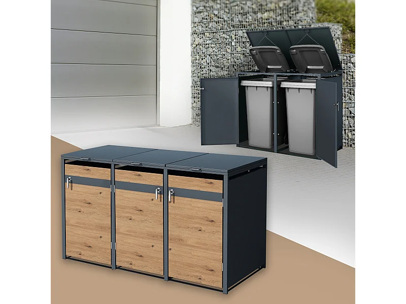 Abri pour 3 poubelles 200x80x116,3 cm capacité de 60L à 240L anthracite/aspect chêne acier couvercle rabattable/3 portes résistant aux intempéries