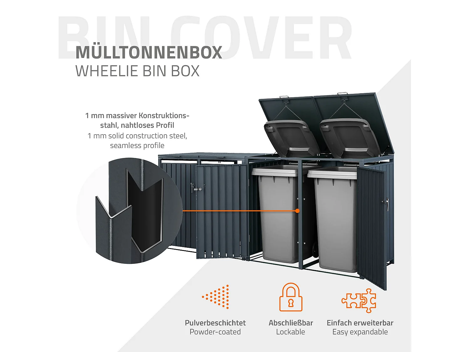 Abri pour 4 poubelles 264x80x116,3 cm 60 à 240 litres par compartiment anthracite acier couvercle rabattable et 4 portes résistant aux intempéries