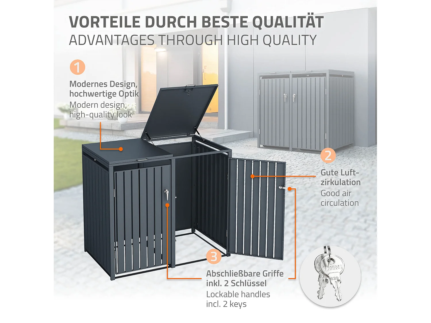 Abri pour 4 poubelles 264x80x116,3 cm 60 à 240 litres par compartiment anthracite acier couvercle rabattable et 4 portes résistant aux intempéries