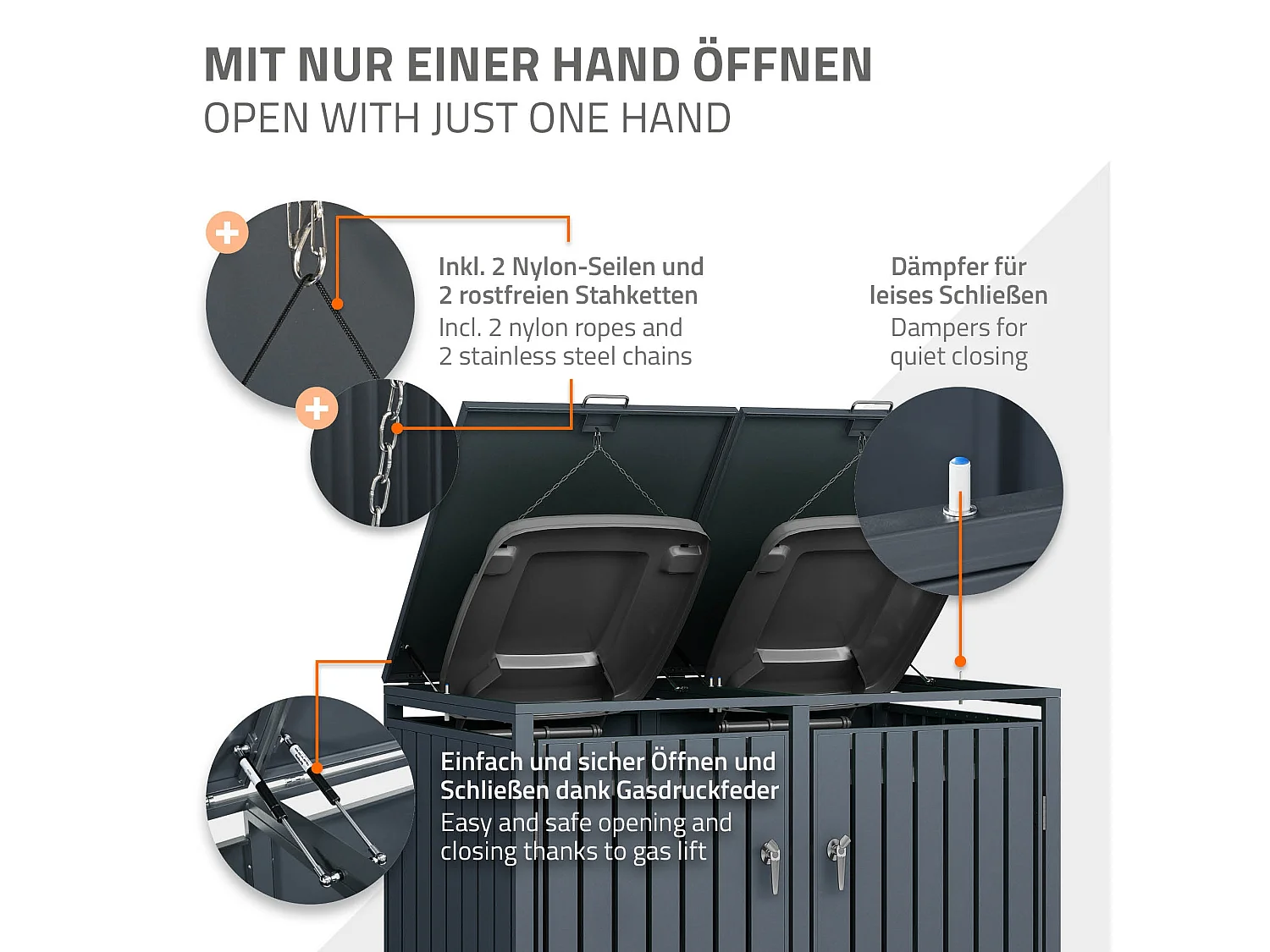 Abri pour 4 poubelles 264x80x116,3 cm 60 à 240 litres par compartiment anthracite acier couvercle rabattable et 4 portes résistant aux intempéries