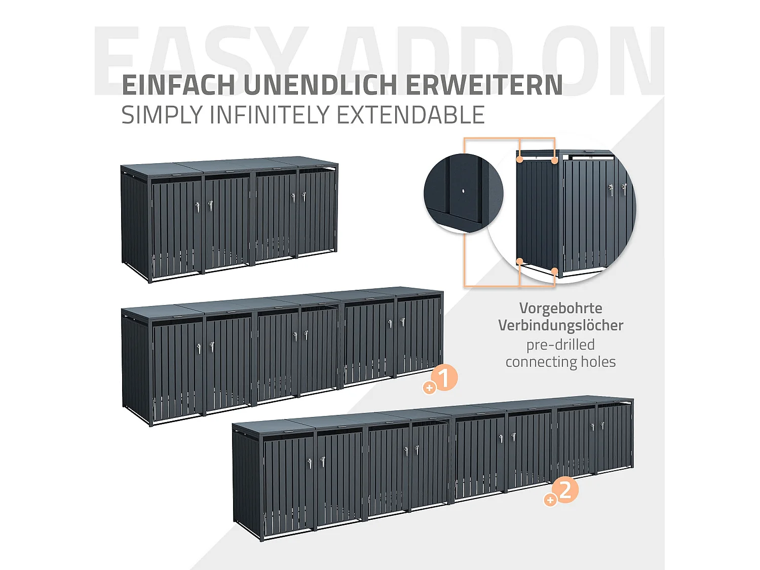 Abri pour 4 poubelles 264x80x116,3 cm 60 à 240 litres par compartiment anthracite acier couvercle rabattable et 4 portes résistant aux intempéries