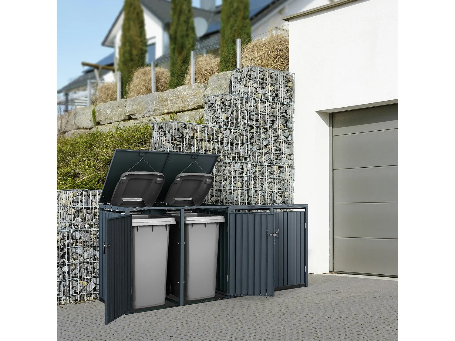Abri pour 4 poubelles 264x80x116,3 cm 60 à 240 litres par compartiment anthracite acier couvercle rabattable et 4 portes résistant aux intempéries